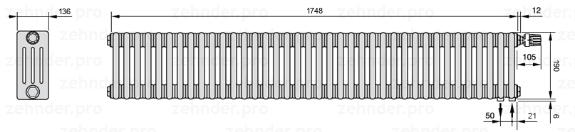 Схема (чертеж) Радиатор Zehnder Charleston 4019/38 №V002 Белый глянцевый RAL 9016
